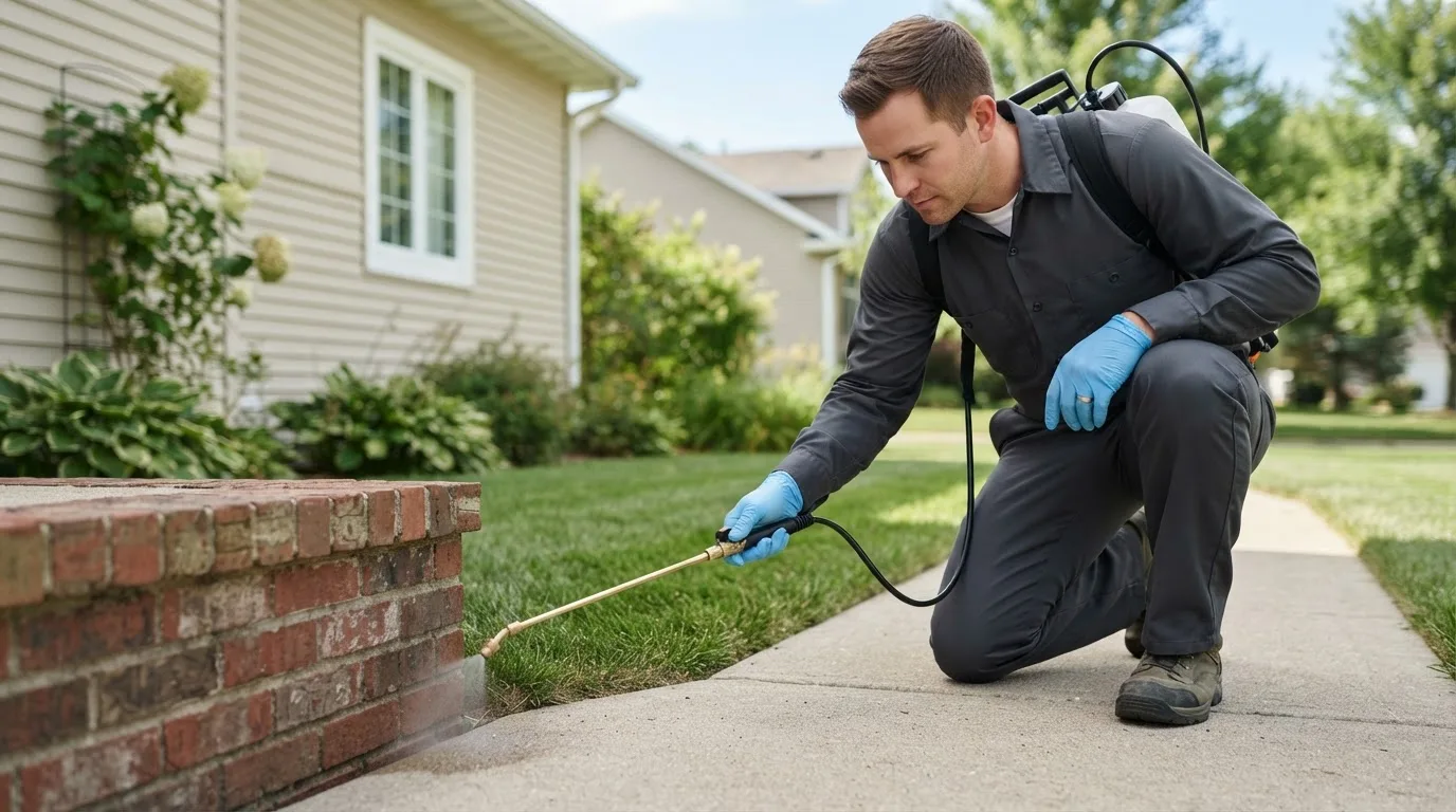 Pest control technician treating a home near East Carbon, UT